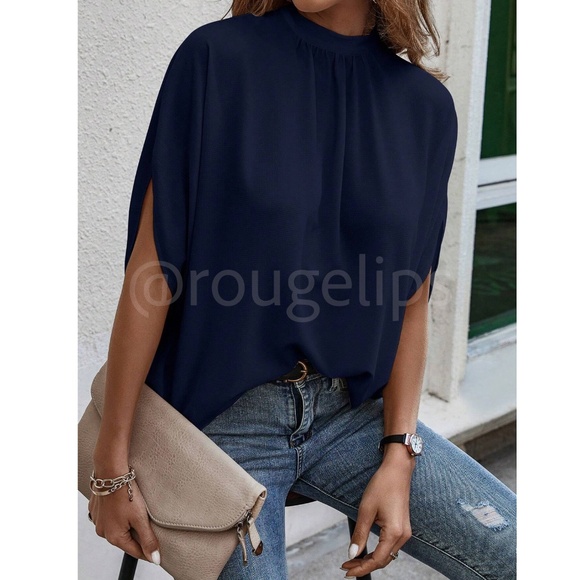 Navy Blue Blouse Top Flowy, High Neck - Picture 2 of 11
